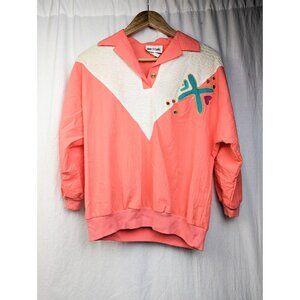Nina St. Claire Women's 80s Vintage Coral V Neck Pullover Windbreaker Sz M
